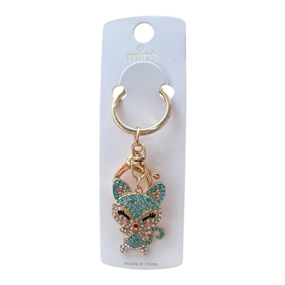 3/$25 Mint Sparkle.Rhinestone Jeweled Blue Fox Cat Purse Keychain Bag Charm - Picture 1 of 2